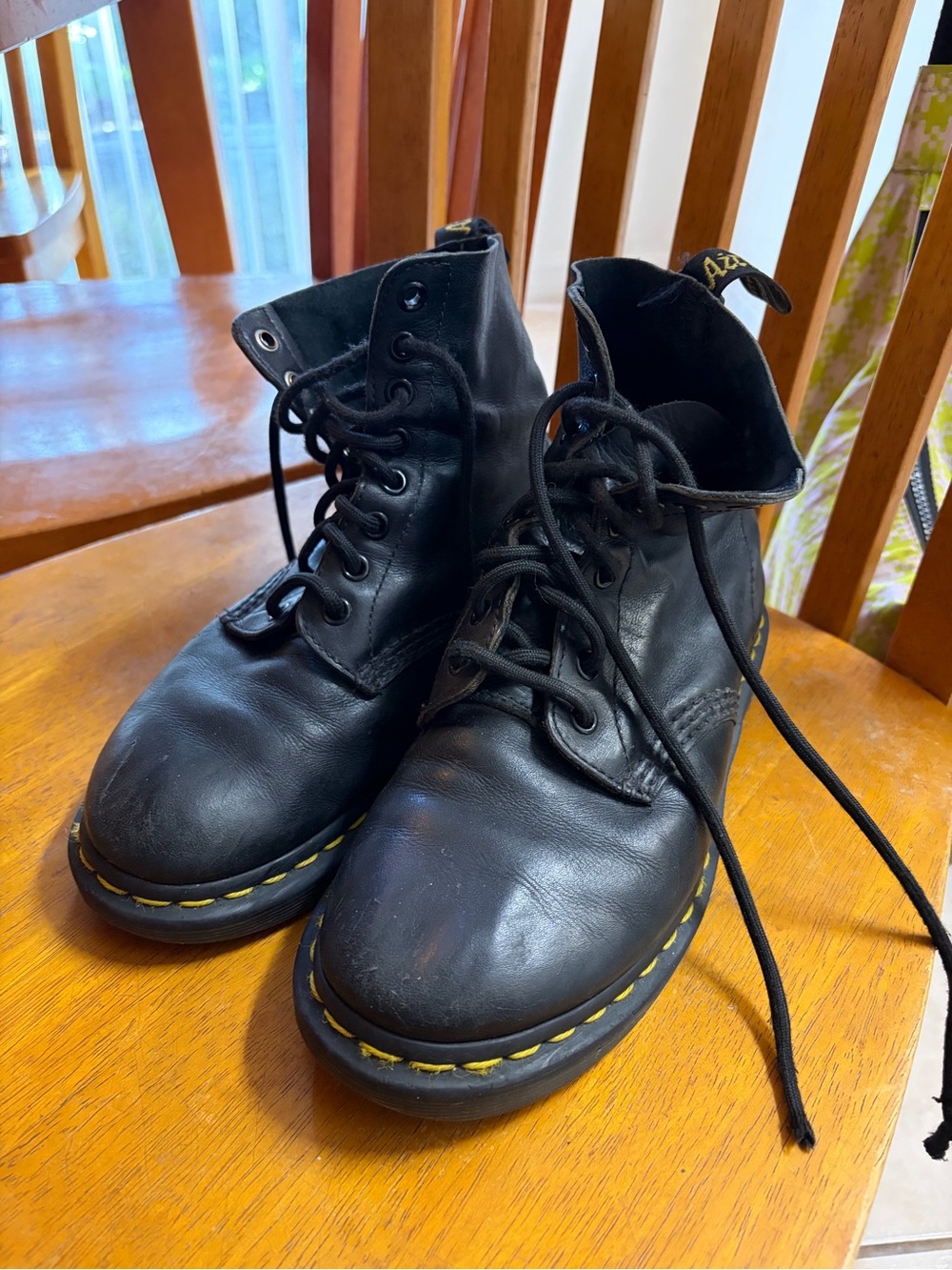 Dr. Martens Black Leather 8-Eye Lace-Up Boots with Yellow Stitching